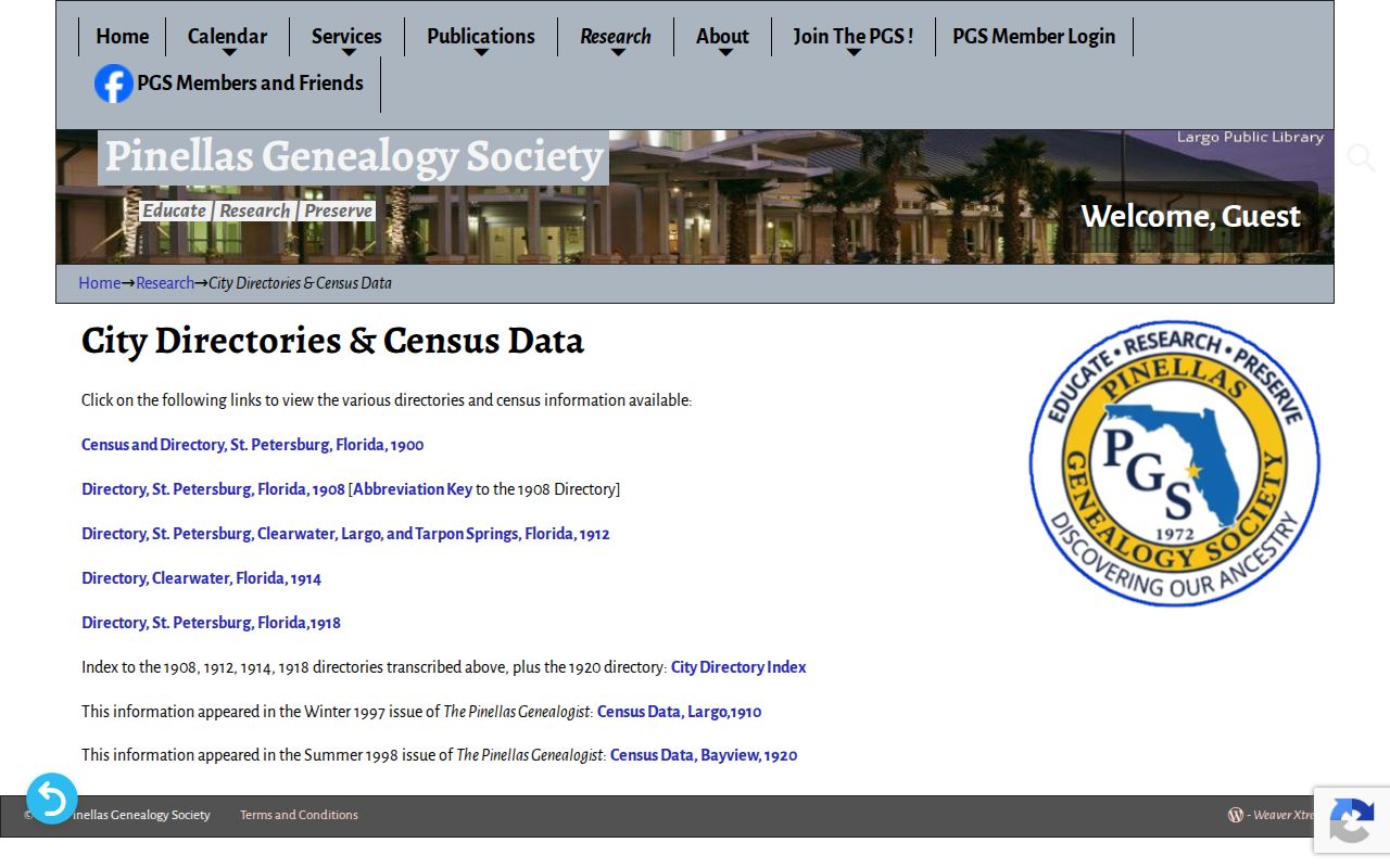 Largo city directory and census collections at Pinellas Genealogy Society