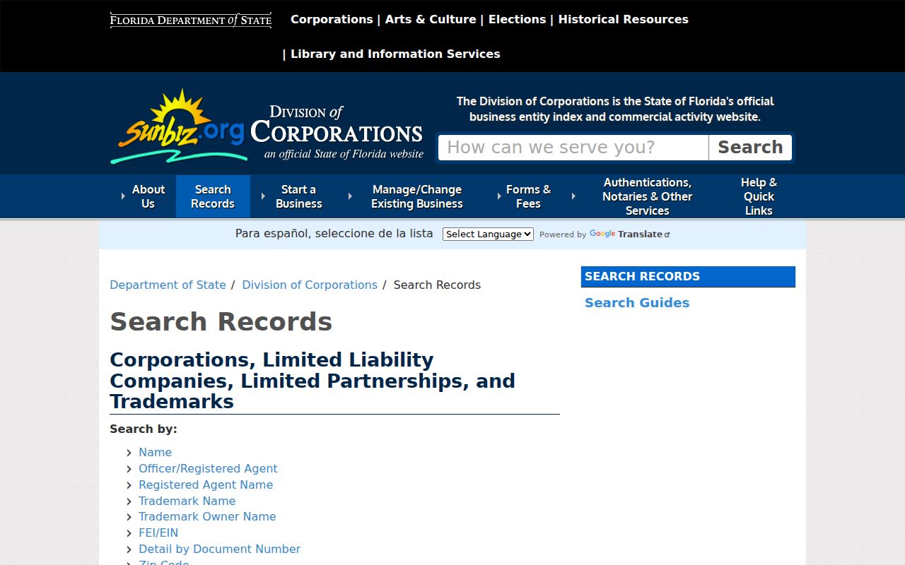 Florida Sunbiz search for Largo business and filed-name records