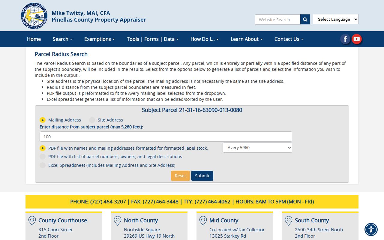 Pinellas parcel radius search with site and mailing address options