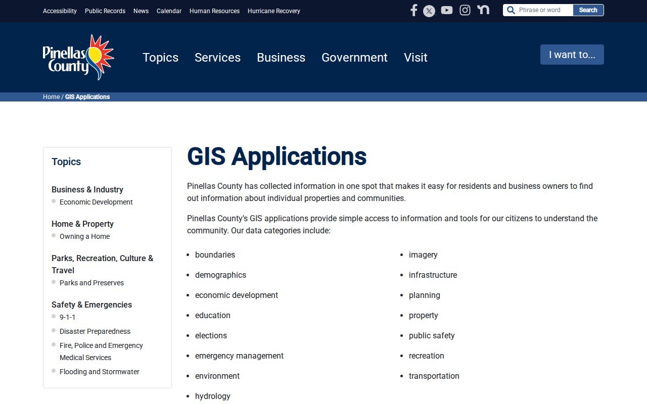 Pinellas County public GIS applications page for neighborhood mapping