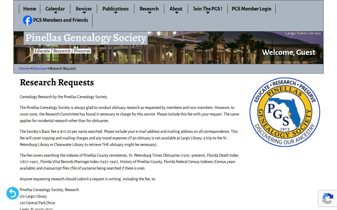 Pinellas Genealogy Society research request page for Largo Library services