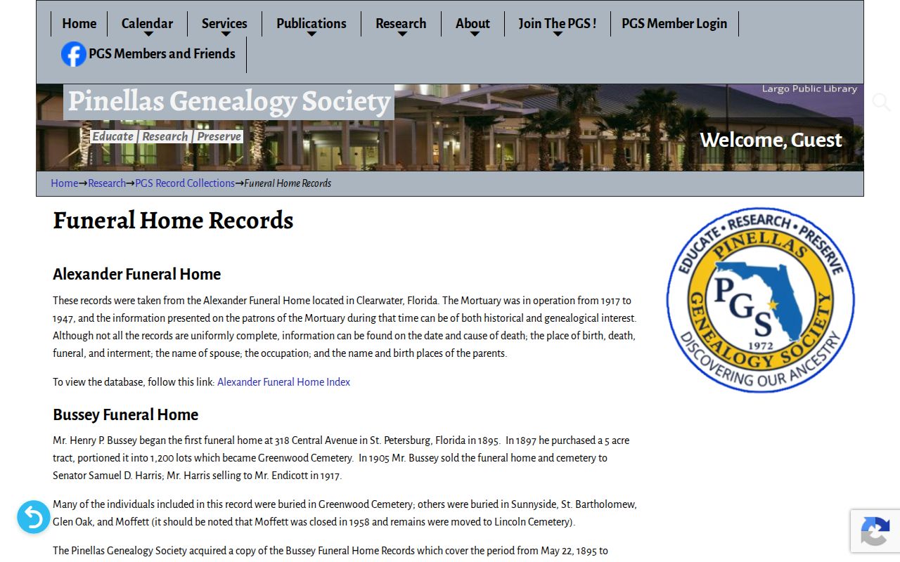 Pinellas Genealogy Society funeral home record collections