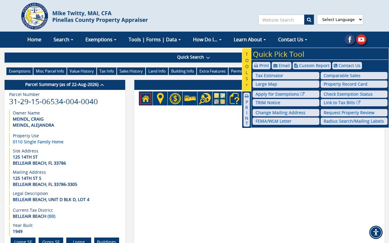 Pinellas Property Appraiser parcel history for a sample Largo property